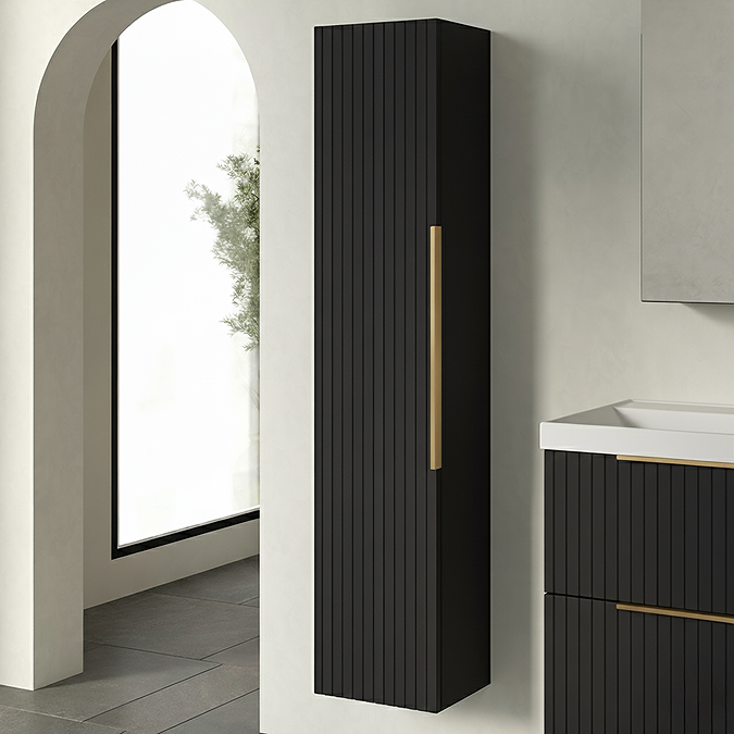 Fluted Storage Unit Milan Fluted Soft Black Wall Hung Tall Storage Unit With Brushed Brass ...
