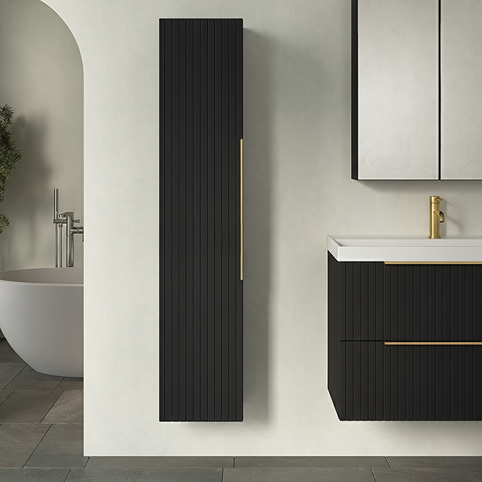 Fluted Storage Unit Milan Fluted Soft Black Wall Hung Tall Storage Unit With Brushed Brass ...