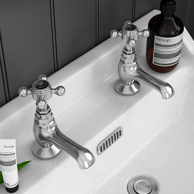 Trafalgar Crosshead Pillar Basin Taps (Pair) Chrome & Black - Victorian ...