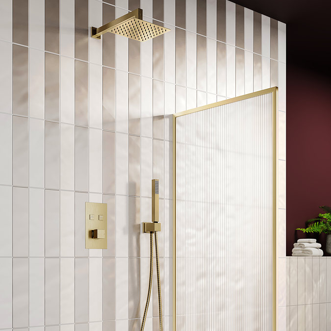 Arezzo Square Brushed Brass Push-Button Shower With Handset + 200mm ...
