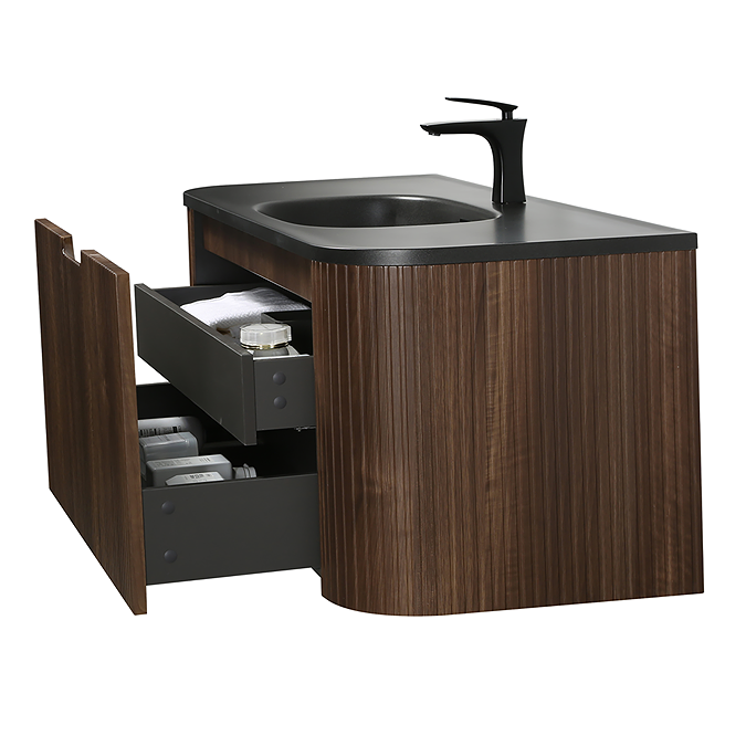 Walnut Rounded Vanity Arezzo 1200mm Slatted Walnut Wall Mounted Curved Vanity Unit With Matt ...