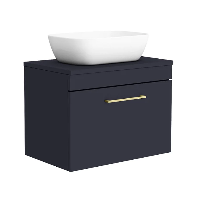 Arezzo Wall Hung Countertop Basin Unit - Blue With Brushed Brass Handle ...